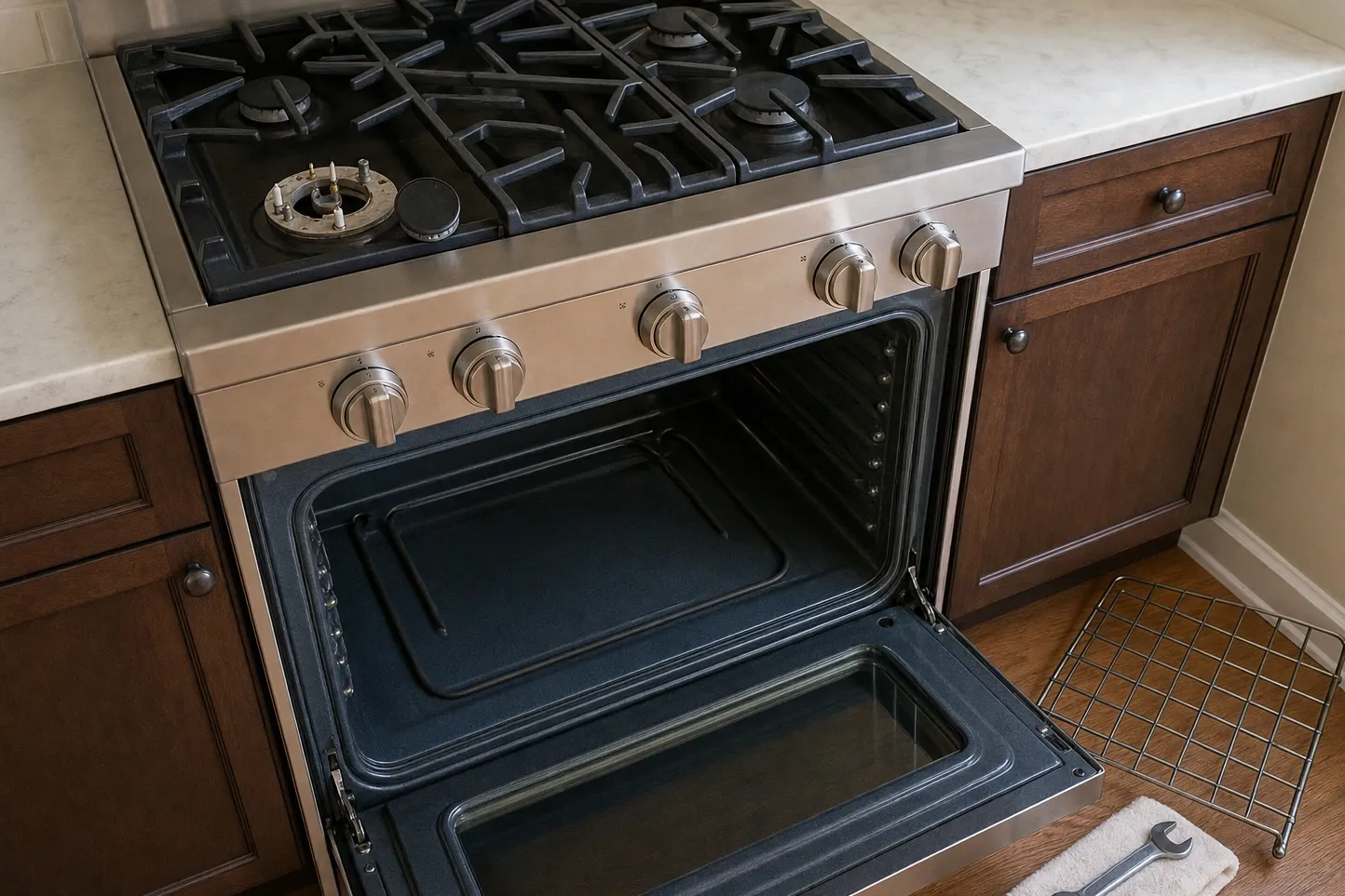 Open oven cavity with the inner door glass and the full ladder of rack supports in view