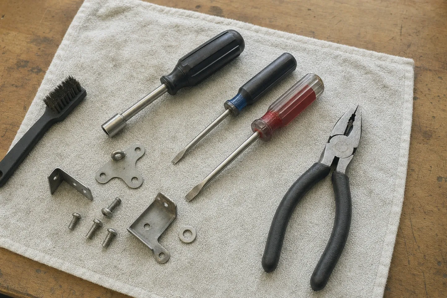 Nut driver, screwdrivers, pliers and a wire brush laid out on a grey towel with a mounting plate, bracket and screws