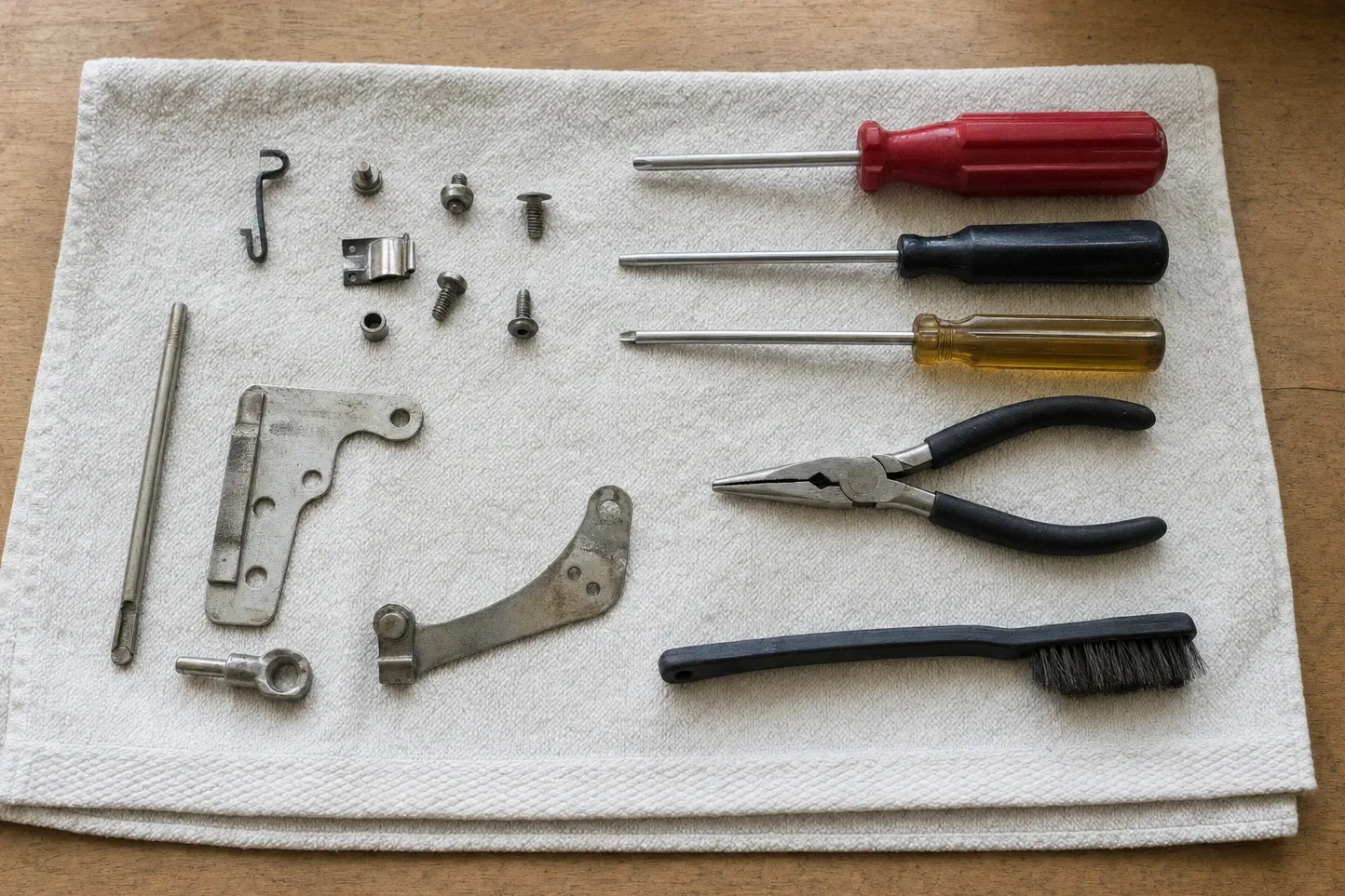 Red, black and yellow screwdrivers, needle-nose pliers and a parts brush on a white towel beside a threaded rod, a stepped hinge plate, a cast lever arm and loose fixings