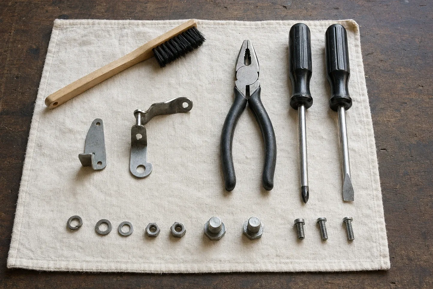 Wooden-handled parts brush, lineman’s pliers and two screwdrivers on cream linen with a pair of flat steel cam arms and a row of washers, nuts, bolts and set screws