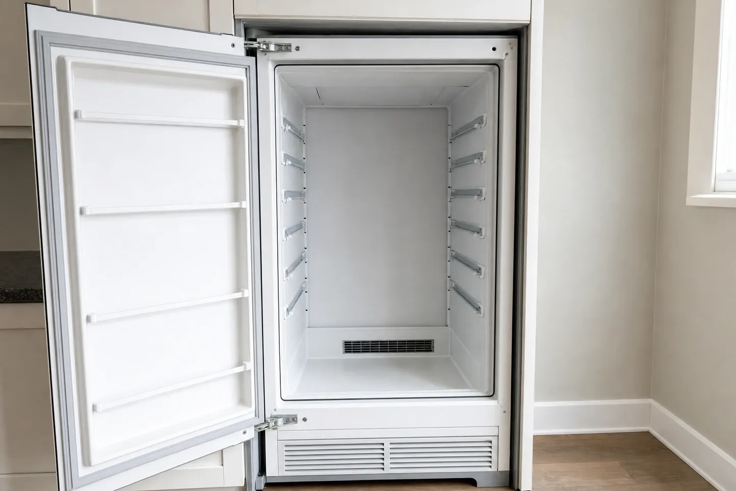 Tall built-in refrigerator column standing open on an empty white interior, shelf ladders down both walls and a louvred grille in the plinth